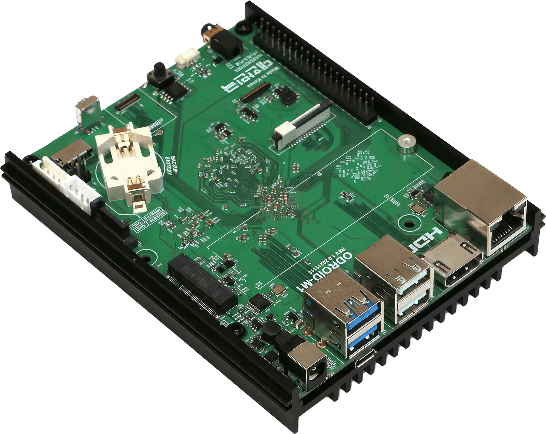 A picture of the HardKernel ODROID-M1, a compact single board computer featuring four ARM Cortex-A55 processors and a native SATA 3.0 port for storage devices.