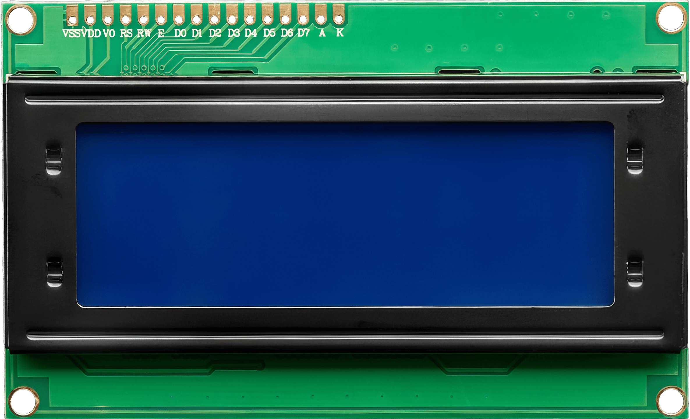 A close-up image of the HD44780 LCD (20×4), showcasing its ability to display alphanumeric characters and Japanese Kana symbols.