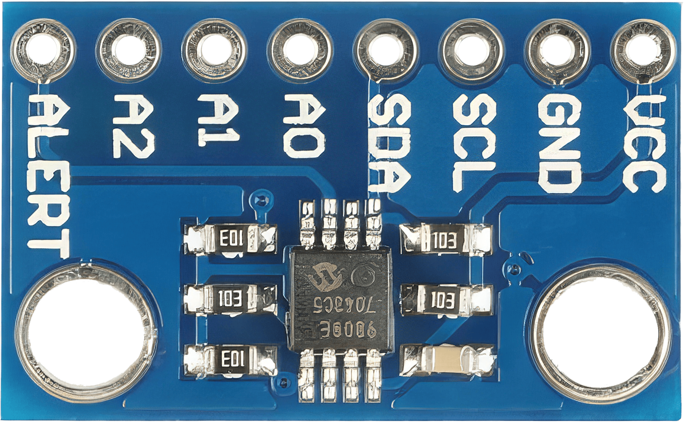 The Microchip Technology MCP9808, a compact and high-precision digital temperature sensor, with visible connectors for I2C control.