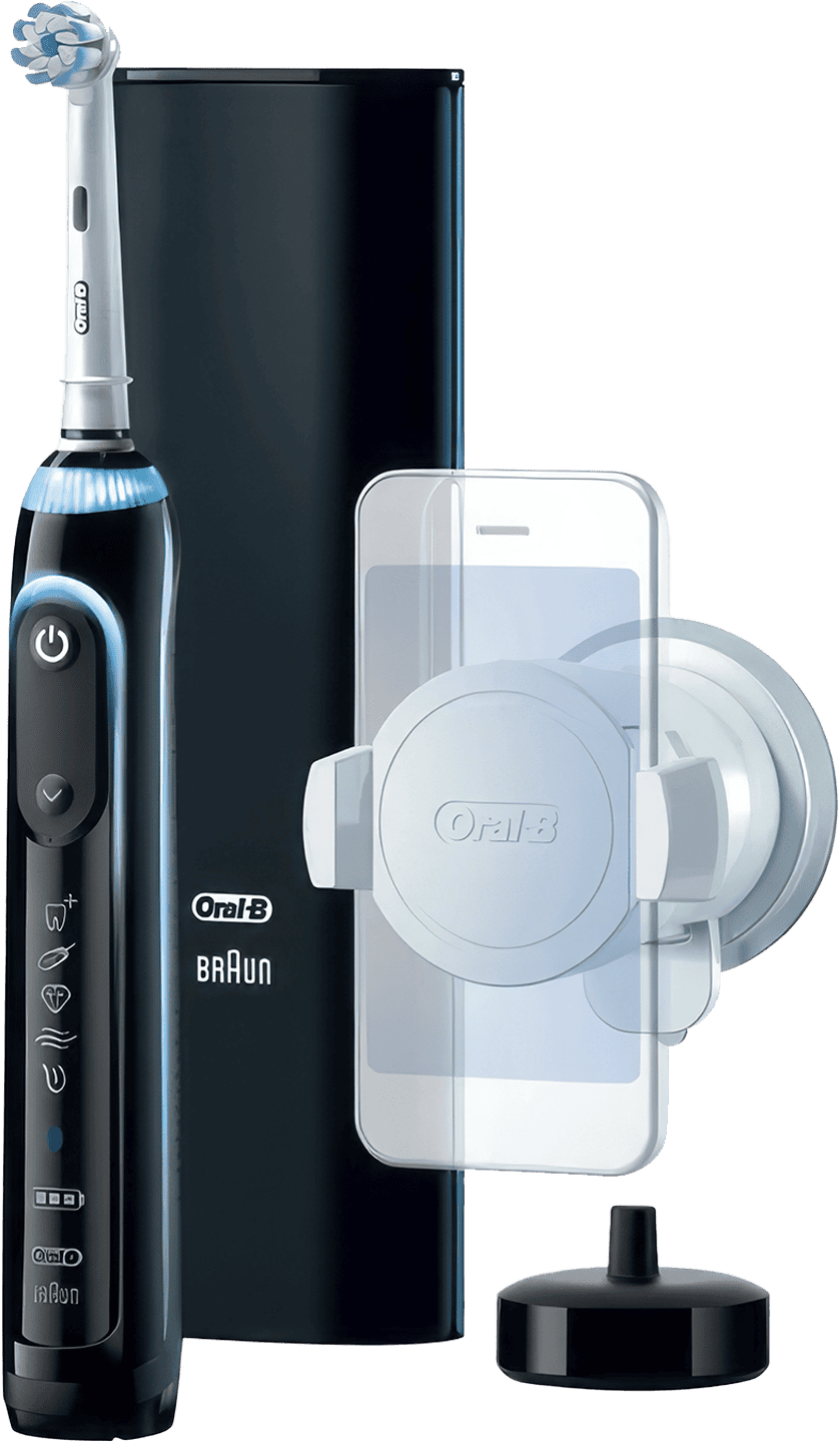The Oral-B Genius 9600 electric toothbrush with its three replacement refills; Pro Gum Care, 3D White, and CrossAction, displayed on a white background.