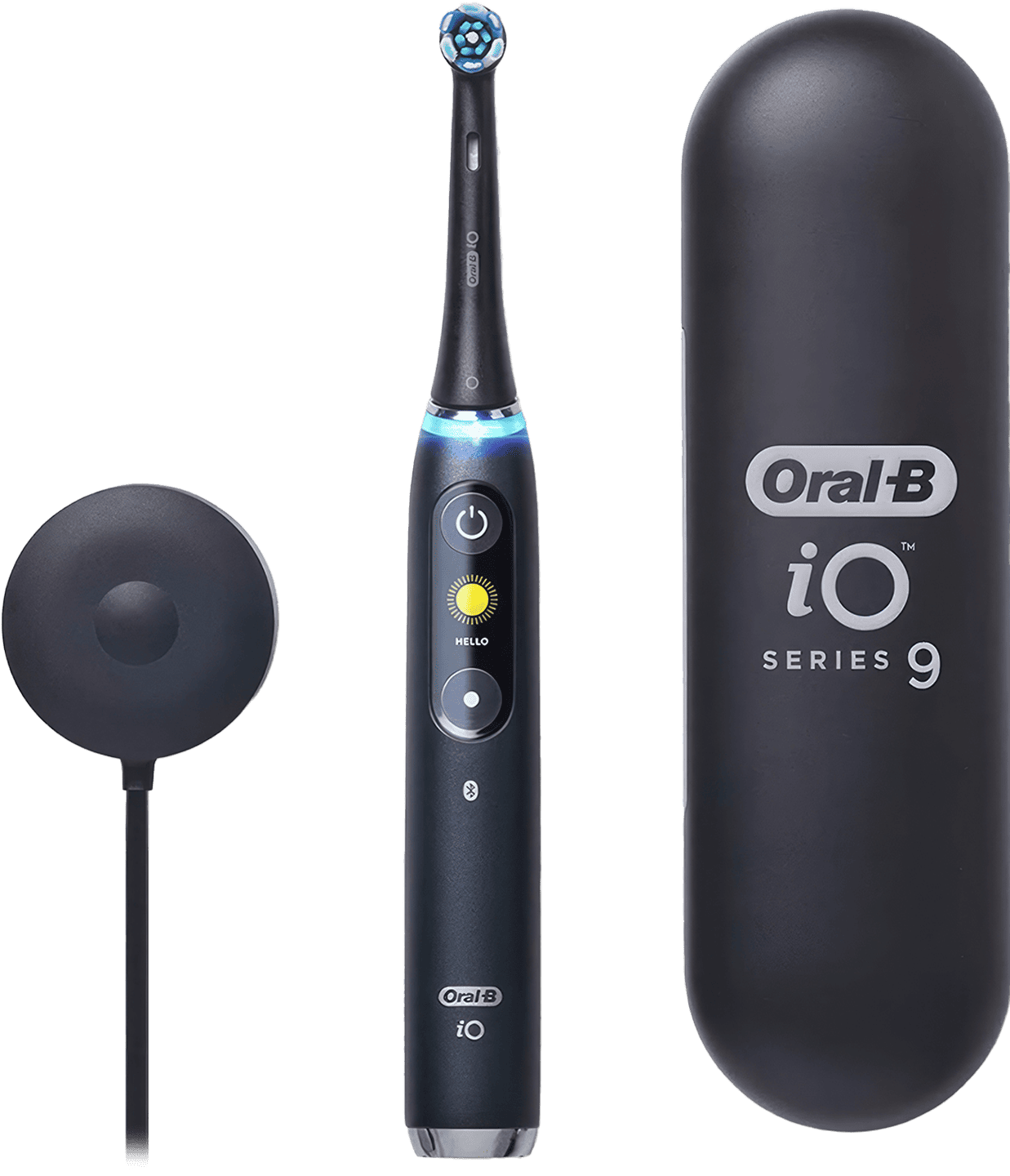 A sleek, modern Oral-B iO Series 9 electric toothbrush with its interactive colour display, dentist-inspired round brush head, and charging travel case.