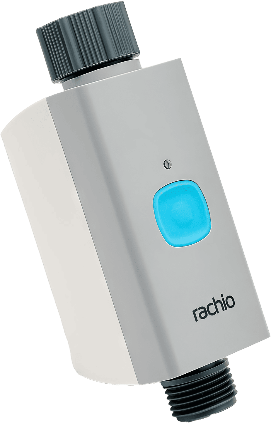 An image showing the Rachio Smart Hose Timer, a handy garden tool with a blue button and options to connect up to four valves, aiding in efficient watering of the garden.