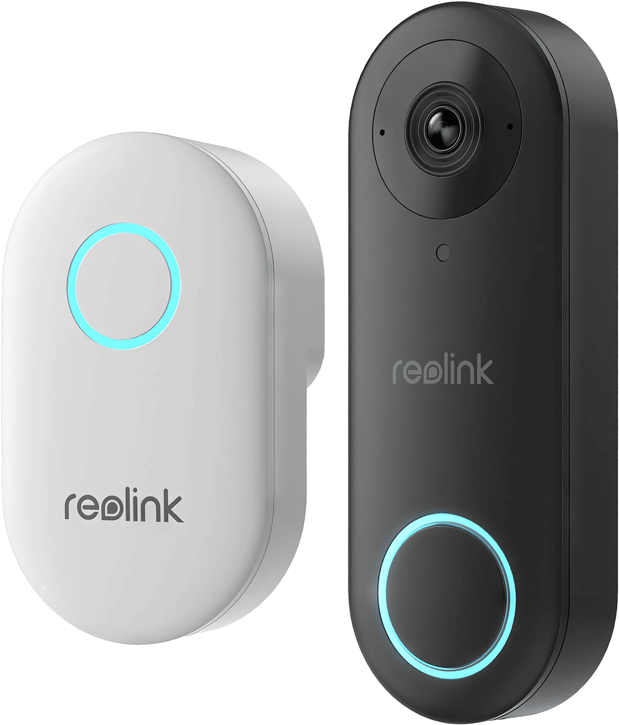 Sleek, round-edged rectangular Reolink Video Doorbell WiFi with a built-in camera and a blue-tinged ring button, mounted on a wooden door frame.