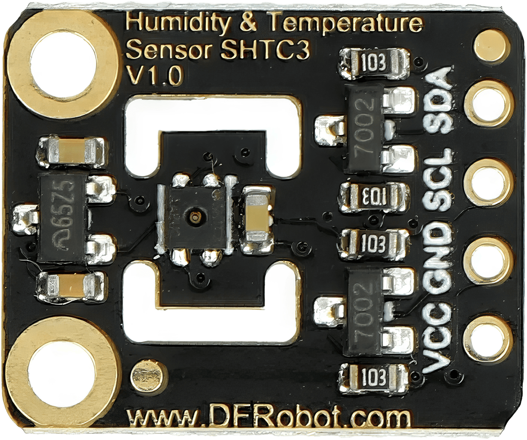 A close-up image of the Sensirion SHTC3 digital humidity and temperature sensor, showcasing its compact size and intricate design, ideal for battery-powered applications and high-volume consumer electronics.