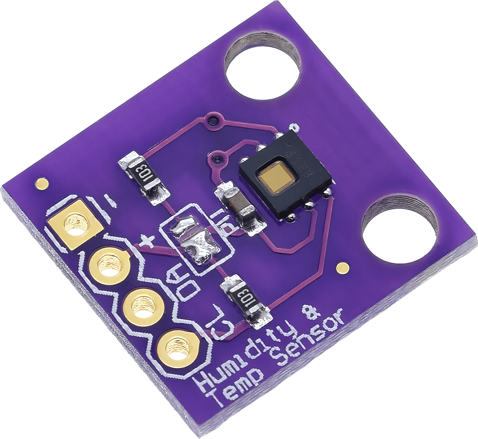 Image of the compact Texas Instruments HDC1080, a high-accuracy humidity and temperature sensor with a small 3 mm x 3 mm footprint.