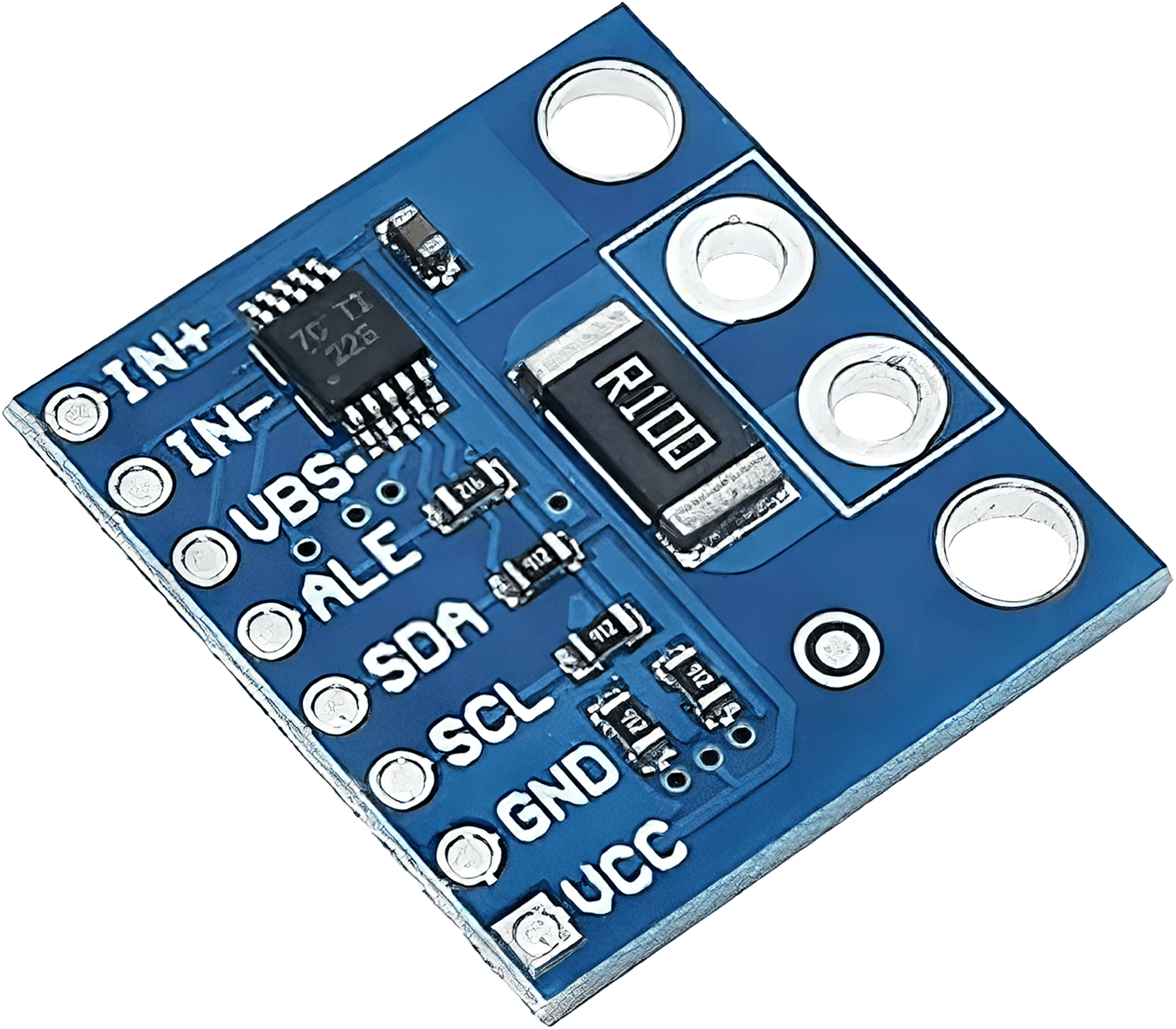 Close-up image of the Texas Instruments INA226, a current shunt and power monitor with an I2C- or SMBUS-compatible interface, known for its ability to monitor multiple voltage types and operate in varying temperature ranges.