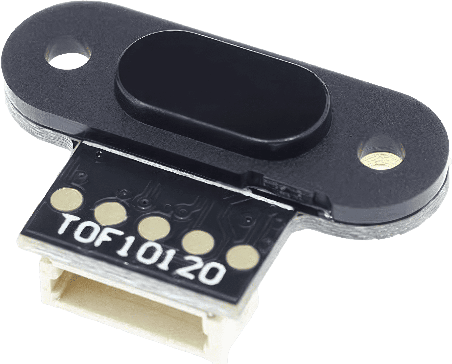 An image showing the small TOF10120 Time of Flight Distance Sensor, with key features such as its light reflection mechanism and 940 nm Class 1 laser.