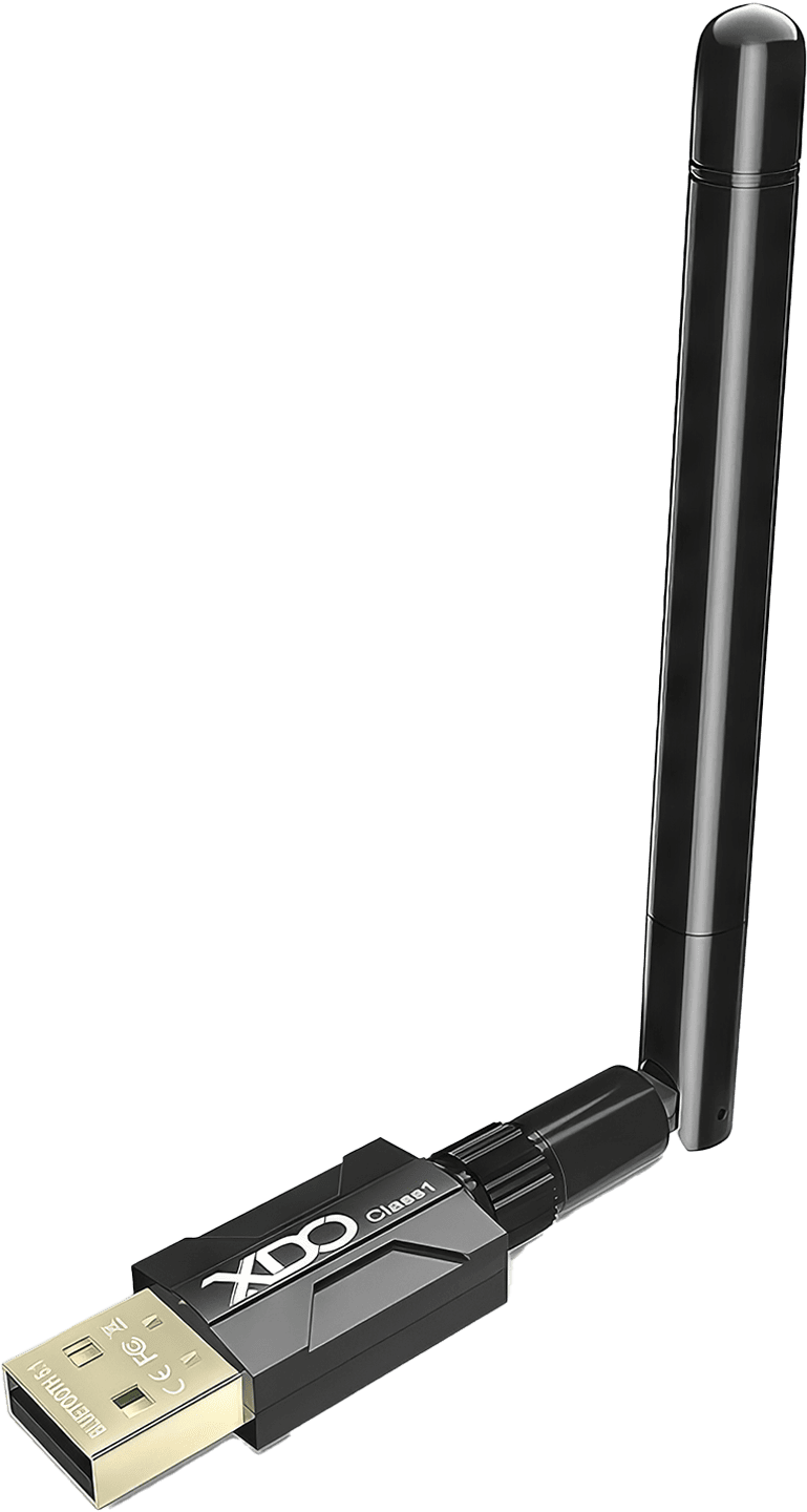 An image showing the compact XDO BT802 Bluetooth dongle, equipped with a rotatable antenna, indicating its capability to offer enhanced wireless transmission and signal reception.