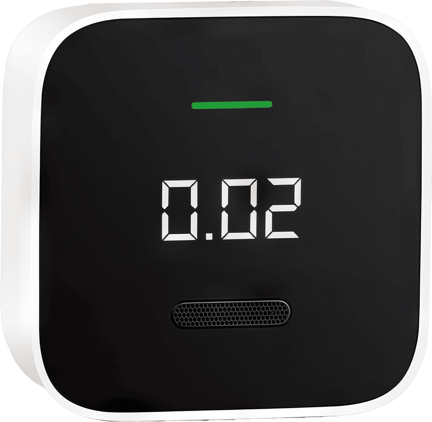 A small, rectangular Xiaomi (Honeywell) Formaldehyde Sensor with OLED display, showing readings for temperature, humidity, formaldehyde concentration and battery status