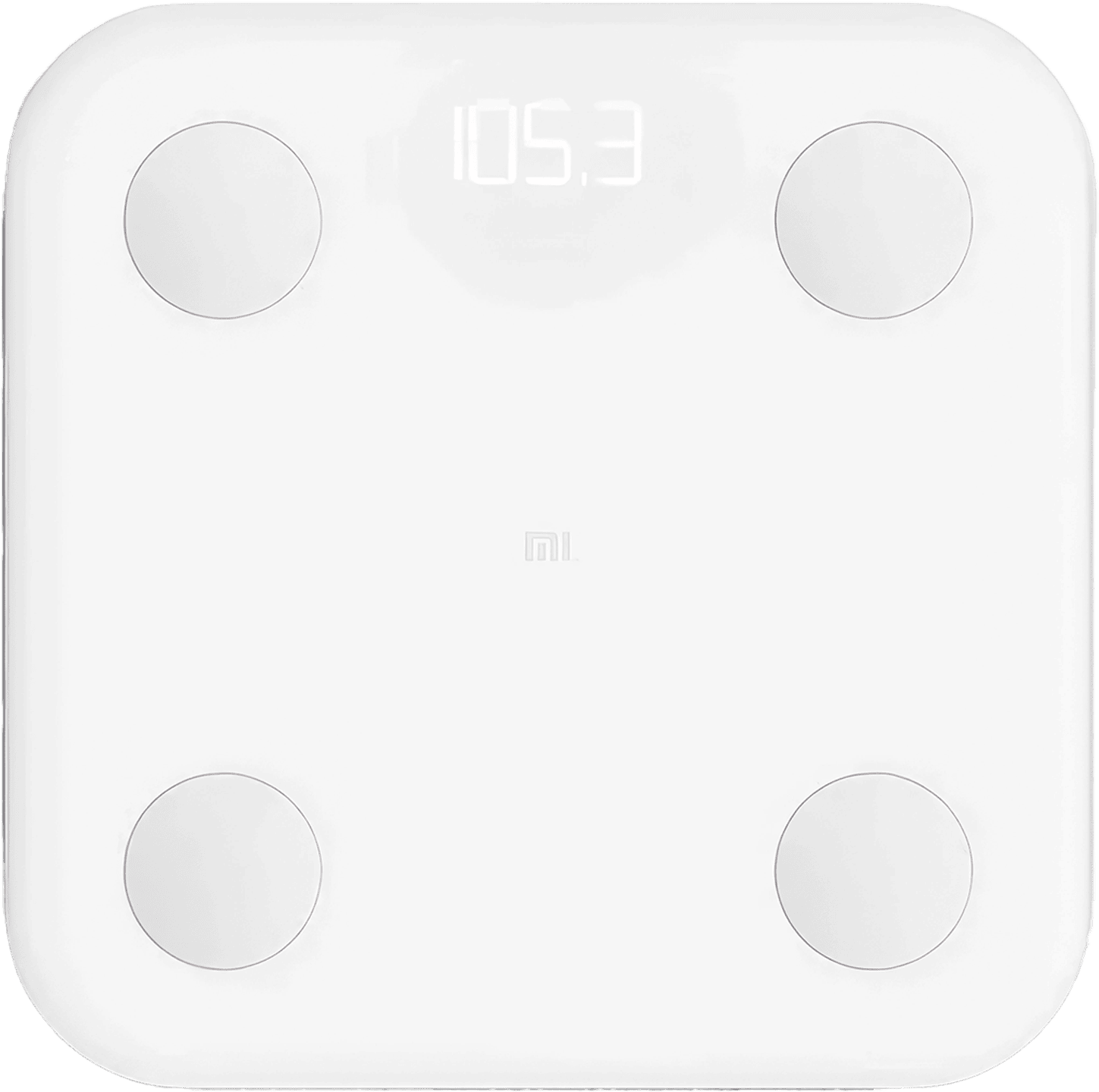 A white, sleek, Xiaomi Mi Body Composition Scale 2 displayed against a plain background, highlighting its modern and minimalist design.