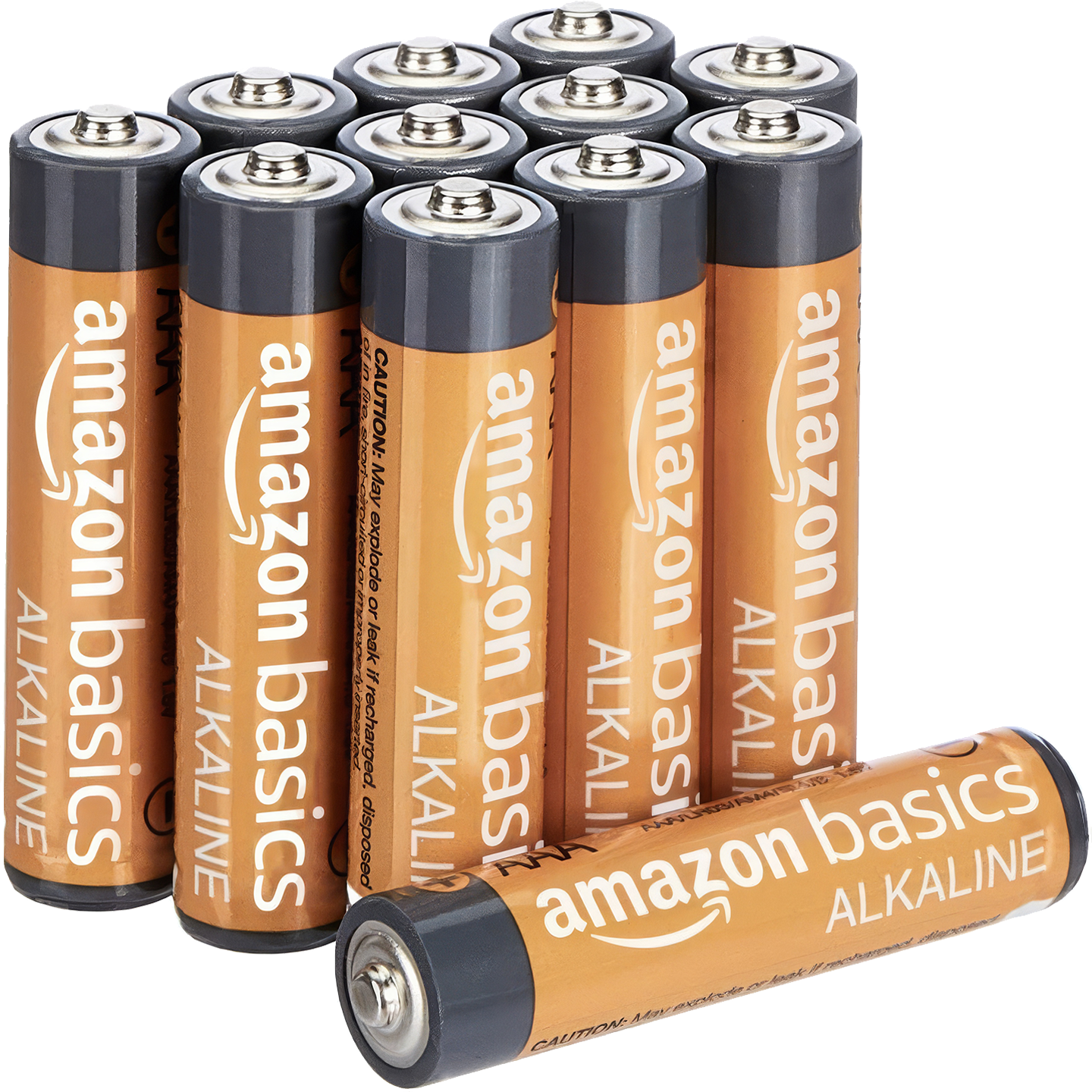 Pack of 12 Amazon Basics AAA Alkaline Batteries arranged neatly in rows, indicating non-rechargeable with a long shelf life